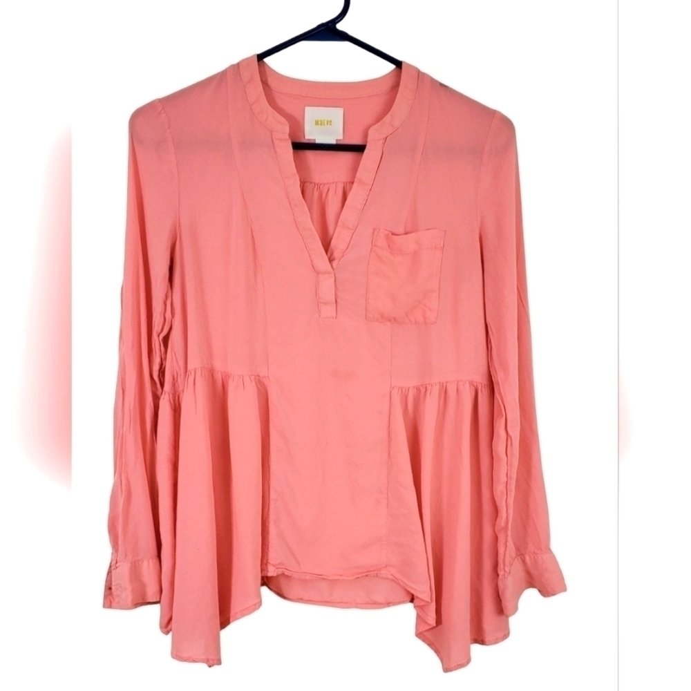 Anthropologie Maeve Blouse Pink Handkerchief Hem Top V Neck 3/4 Sleeve Size 0